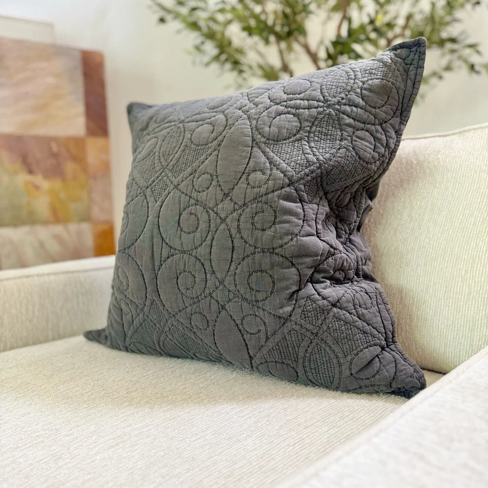 Pottery Barn Embroidered Quilted Decorative Sham Pillow - Charcoal Gray